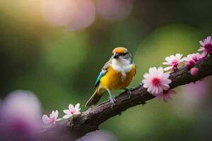 a bird sits on a branch with pink flowers. AI-Generated photo