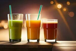 three different types of juice in glasses on a table. AI-Generated photo