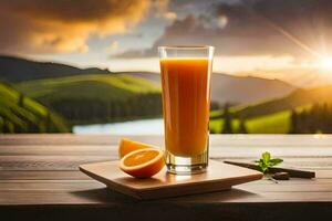 the orange juice is on a wooden table with a mountain view. AI-Generated photo