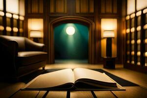 a book is open on a table in front of a chair. AI-Generated photo