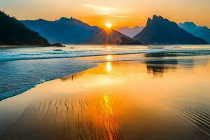 puesta de sol en el playa, montañas, agua, hd fondo de pantalla. generado por ai foto