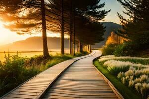 a wooden path leads to a field with trees and grass. AI-Generated photo