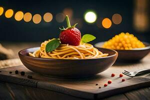 spaghetti with a strawberry on a wooden table. AI-Generated photo