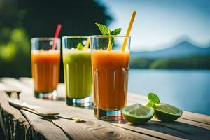 three glasses of juice with lime and mint on a table. AI-Generated photo