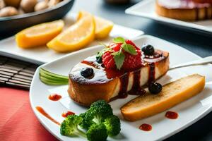 a plate with a piece of cake and fruit on it. AI-Generated photo