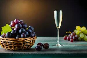 grapes and champagne in a basket on a wooden table. AI-Generated photo