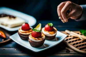 a person is holding a cupcake with strawberries on it. AI-Generated photo