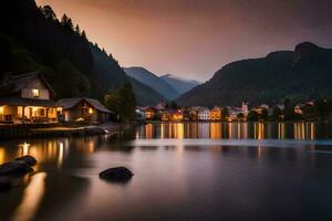 photo wallpaper the sky, mountains, lake, house, the night, the lake, the mountains. AI-Generated