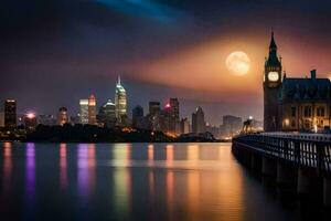 el Luna sube terminado el ciudad horizonte a noche. generado por ai foto