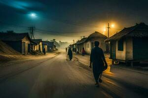 a man walks down a dirt road at night with a full moon in the background. AI-Generated photo