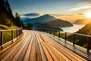 a wooden walkway leads to a lake and mountains. AI-Generated photo
