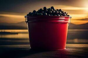 a bucket of blackberries on a wooden table. AI-Generated photo