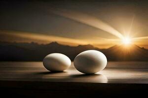 two eggs on a table with the sun in the background. AI-Generated photo