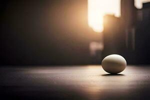 a white ball sitting on a table in front of a city. AI-Generated photo