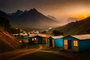 the sun sets over a mountain range with blue huts. AI-Generated photo