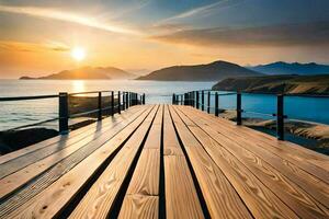 a wooden bridge over the ocean at sunset. AI-Generated photo