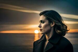 a woman in a black coat looking out to the ocean. AI-Generated photo