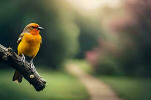 a yellow bird sitting on a branch in the woods. AI-Generated photo