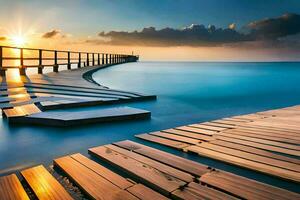 a wooden pier with the sun setting over the water. AI-Generated photo
