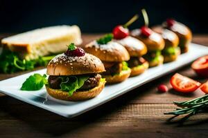 pequeño deslizadores con carne y vegetales en un blanco lámina. generado por ai foto