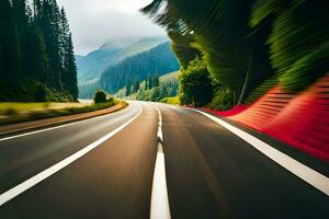 un borroso imagen de un la carretera con un rojo línea. generado por ai foto