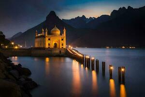 foto fondo de pantalla el cielo, montañas, lago, el ciudad, el mezquita, el ciudad, el. generado por ai