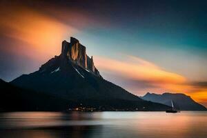 photo wallpaper the sky, mountains, water, sunset, the sea, mountains, boat, the. AI-Generated