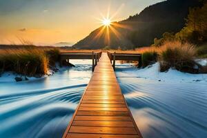 a wooden bridge over a river with the sun setting. AI-Generated photo