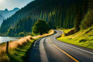a scenic road with a lake and mountains in the background. AI-Generated photo