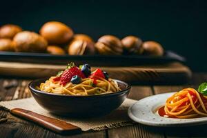 espaguetis con bayas y nueces en un de madera mesa. generado por ai foto