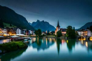 el pueblo de Suiza es iluminado arriba a noche. generado por ai foto