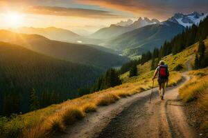 un caminante camina a lo largo un suciedad la carretera en el montañas. generado por ai foto