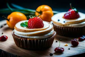 two cupcakes with cream cheese frosting and strawberries. AI-Generated photo