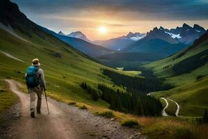 un hombre con un mochila caminando abajo un suciedad la carretera en el montañas. generado por ai foto