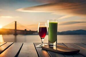 two glasses of juice on a table with a bridge in the background. AI-Generated photo