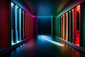 a hallway with colorful lights and a door. AI-Generated photo