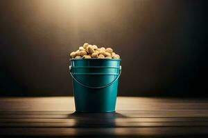 a bucket filled with peanuts on a wooden table. AI-Generated photo