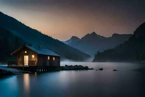 a small cabin sits on the shore of a lake at dusk. AI-Generated photo