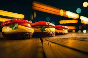 three mini burgers sitting on a wooden table. AI-Generated photo