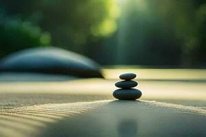 a stack of stones on the sand. AI-Generated photo