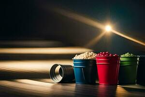 three buckets of popcorn and a red cup. AI-Generated photo