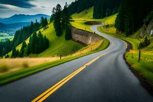 a winding road in the mountains with a green grassy field. AI-Generated photo