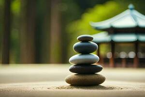 a stack of stones in front of a pagoda. AI-Generated photo