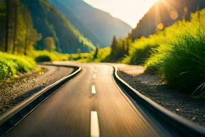 un la carretera con un coche conducción abajo él. generado por ai foto