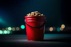 a red bucket filled with peanuts on a dark street. AI-Generated photo