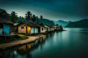 houses on the shore of a river at night. AI-Generated photo