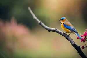 a blue and yellow bird sits on a branch. AI-Generated photo