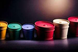 a row of colorful plastic cups on a dark background. AI-Generated photo