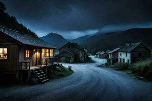 photo wallpaper the sky, mountains, road, house, night, the dark, the mountains,. AI-Generated