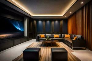 un moderno hogar teatro con cuero sofás y un grande pantalla. generado por ai foto